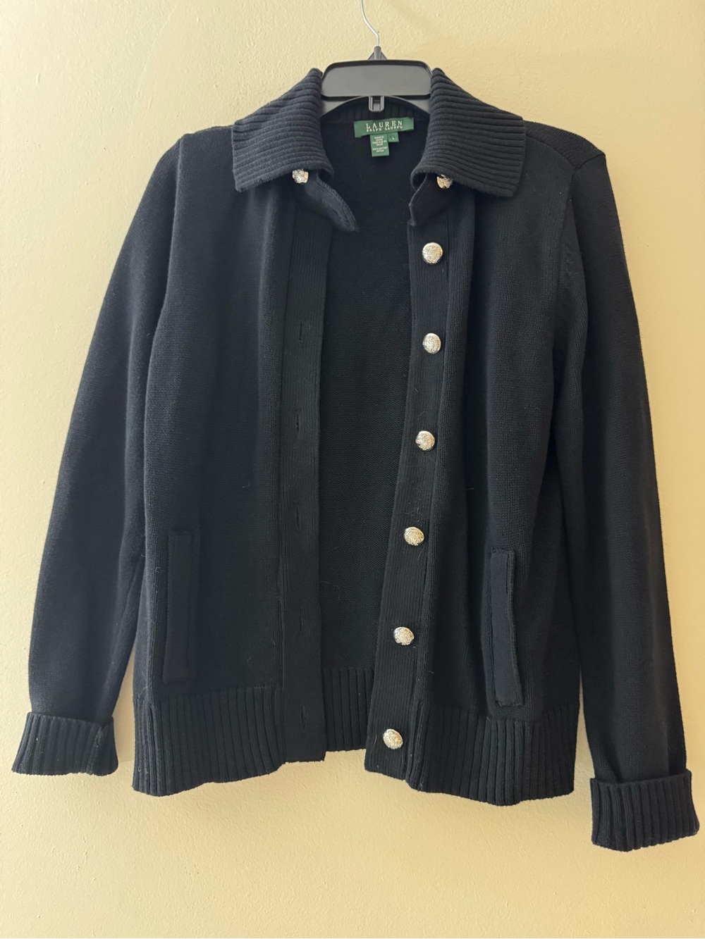 Ralph Lauren Black Knit Button-Up Cardigan Jacket 100% Cotton Vintage